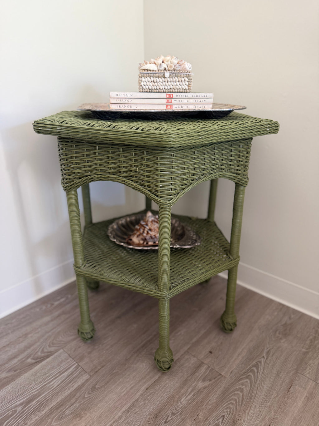 Vintage wicker hex side table