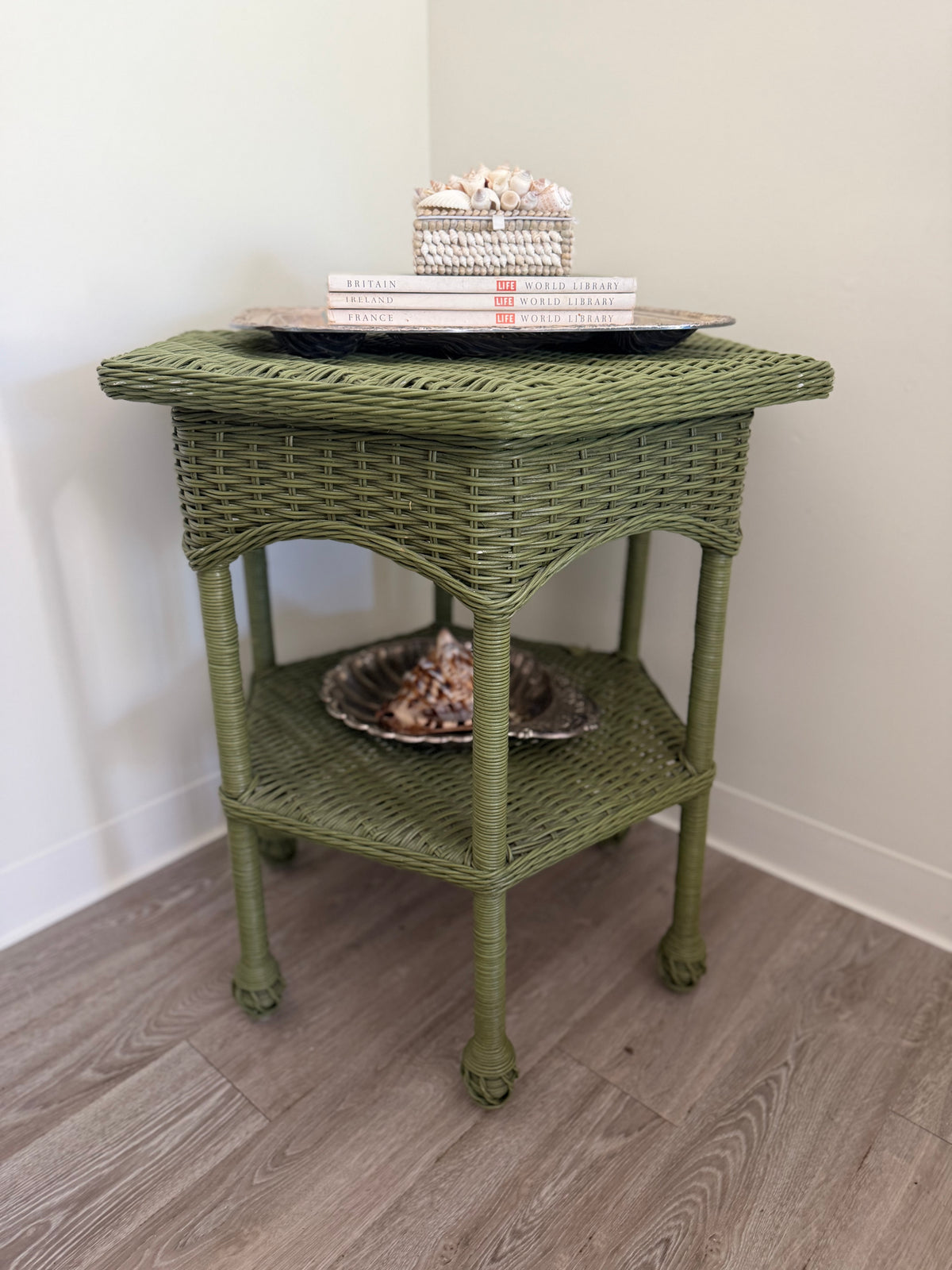 Vintage wicker hex side table