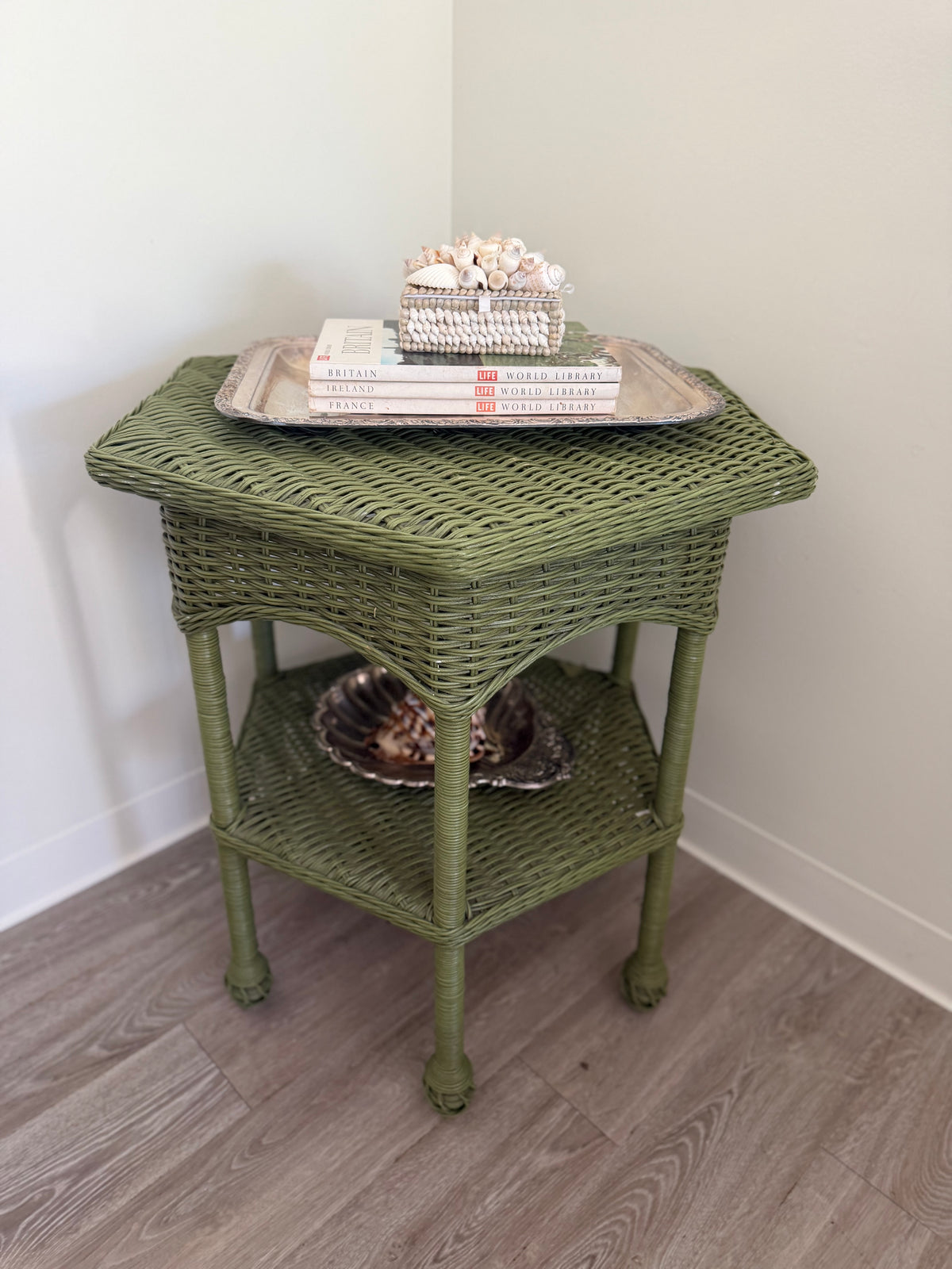 Vintage wicker hex side table